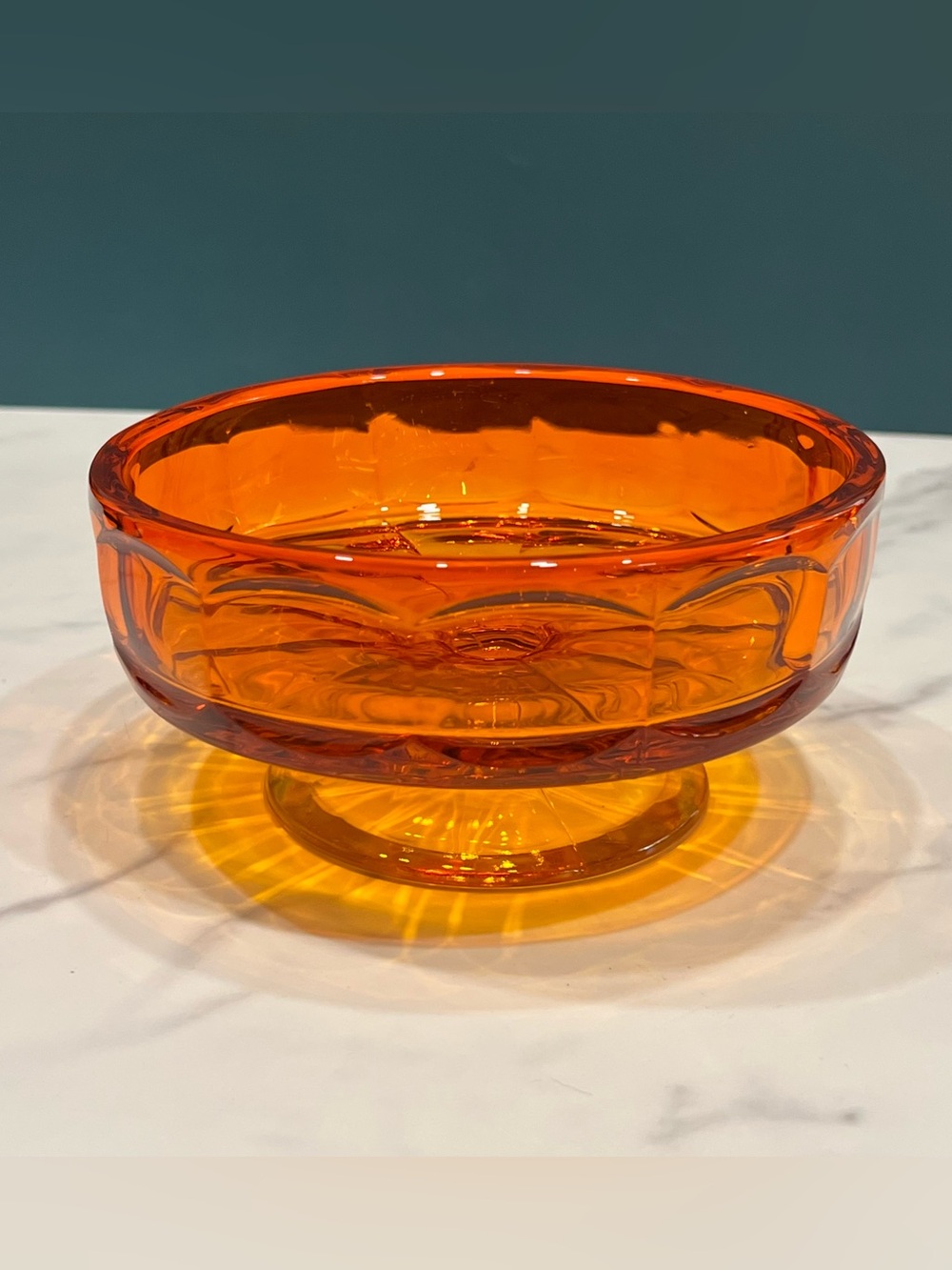 Mid Century Modern Orange Viking Glass Pedestal Footed Bowl Amberina Persimmon